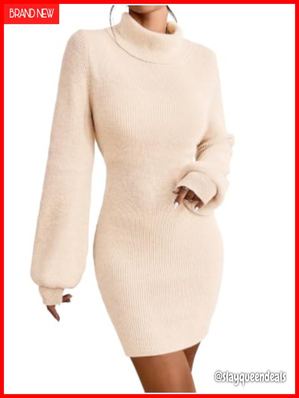Turtleneck Sweater Dress Bodycon Mini Lantern Sleeve Knit